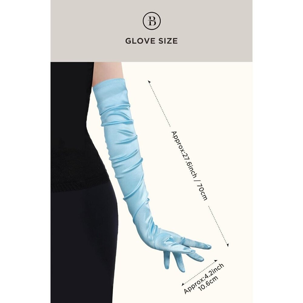 Women's Long Satin Gloves Baby Blue Stretchy Upper Arm Length Costume Design - Picture 3 of 5
